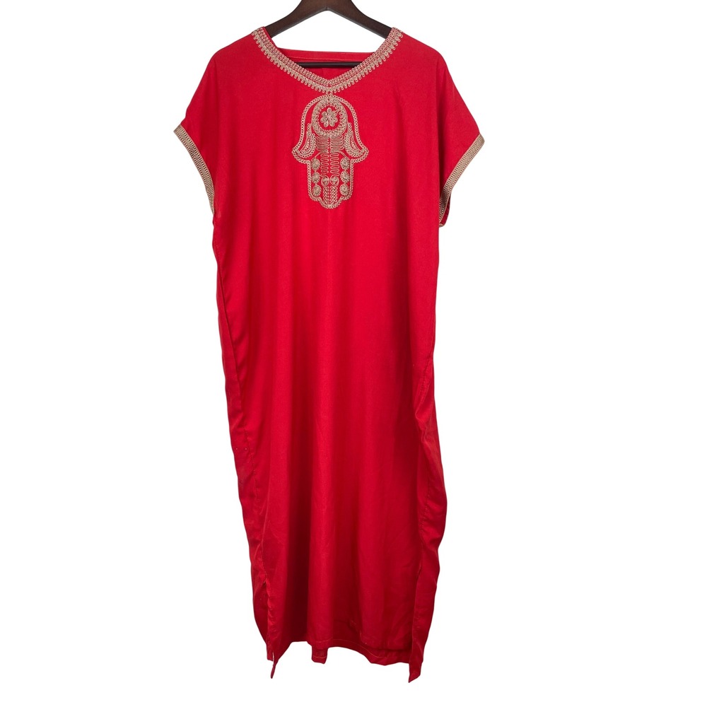 Handmade Kaftan Dress Sz L‎ Boho embroidered Hamsa Fatima Festival Resort Lounge